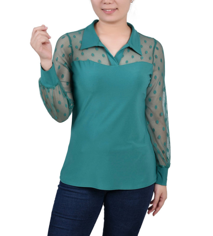 NY Collection Women's Mesh Long Sleeve Point Collar Top Green Petite Size PL