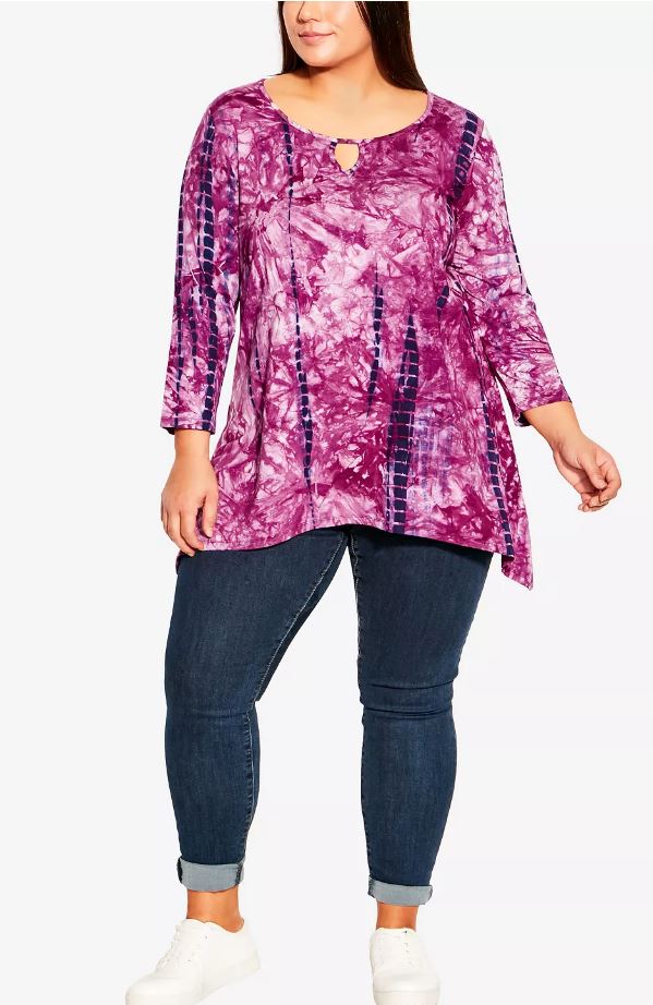 Avenue Women's 3/4 Sleeve Keyhole Tie Dye Top Berry Reflection Plus Size 18