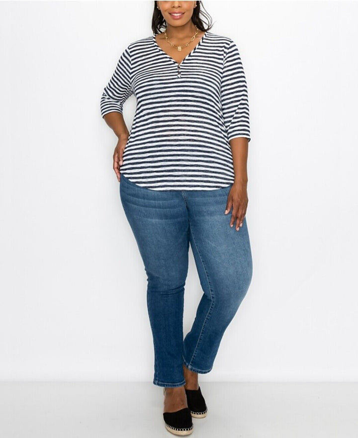 Women's Plus Size Stripe V-Neck Henley Top 3/4 Sleeve