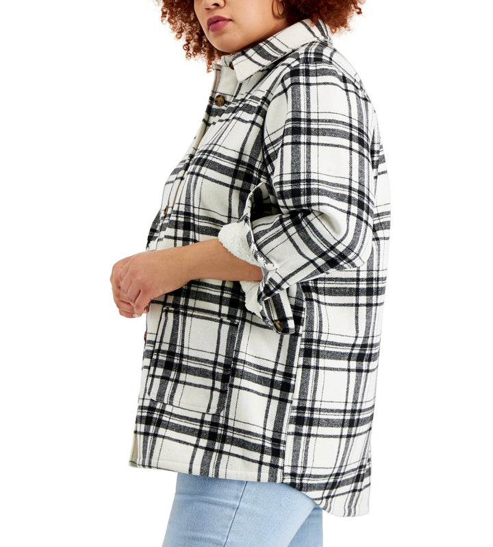 Style & Co. Women's Plaid Shirt Jacket Ivory Black Plaid Plus Size 1X