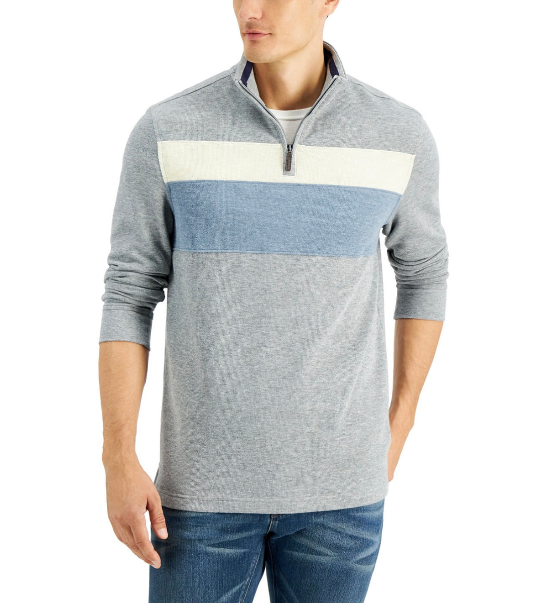Club Room Men's Regular-Fit Colorblocked French Ribbed-Knit 1/4-Zip Sweater