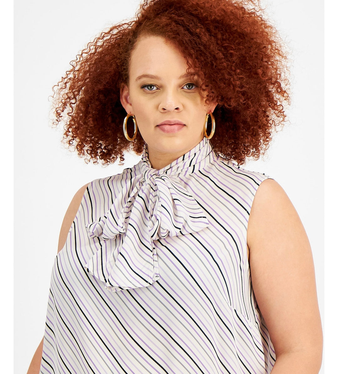 Bar III Women's Plus Size Bias Striped Tie-Neck Blouse White Combo