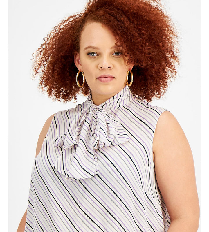 Bar III Women's Plus Size Bias Striped Tie-Neck Blouse White Combo