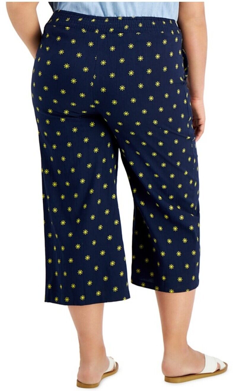 Women's Ankle Pants Sun Stamp Navy Elastic Waist Mid Rise