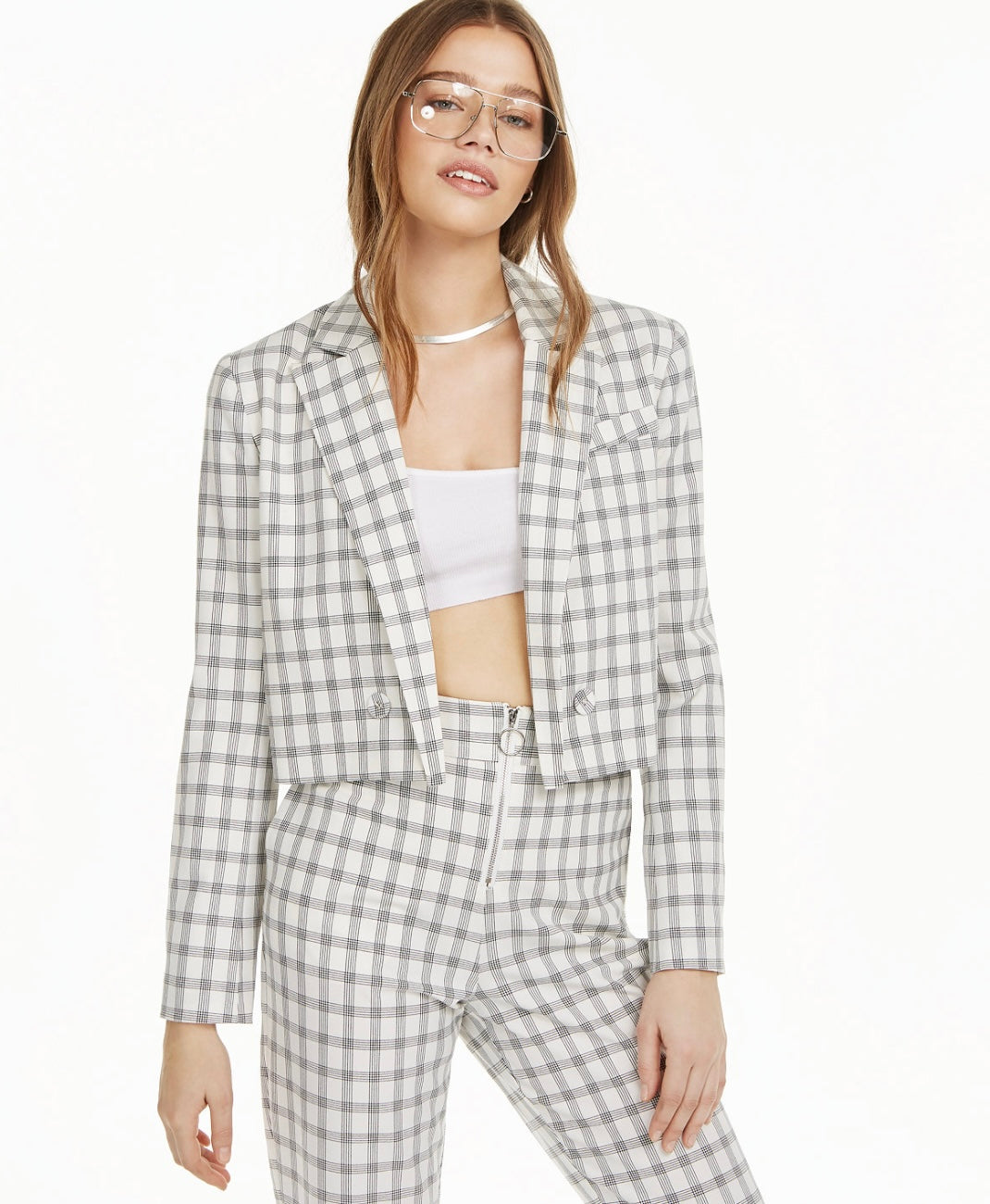 Danielle Bernstein Women's Cropped Suit Separate Open-Front Blazer Ivory Plaid