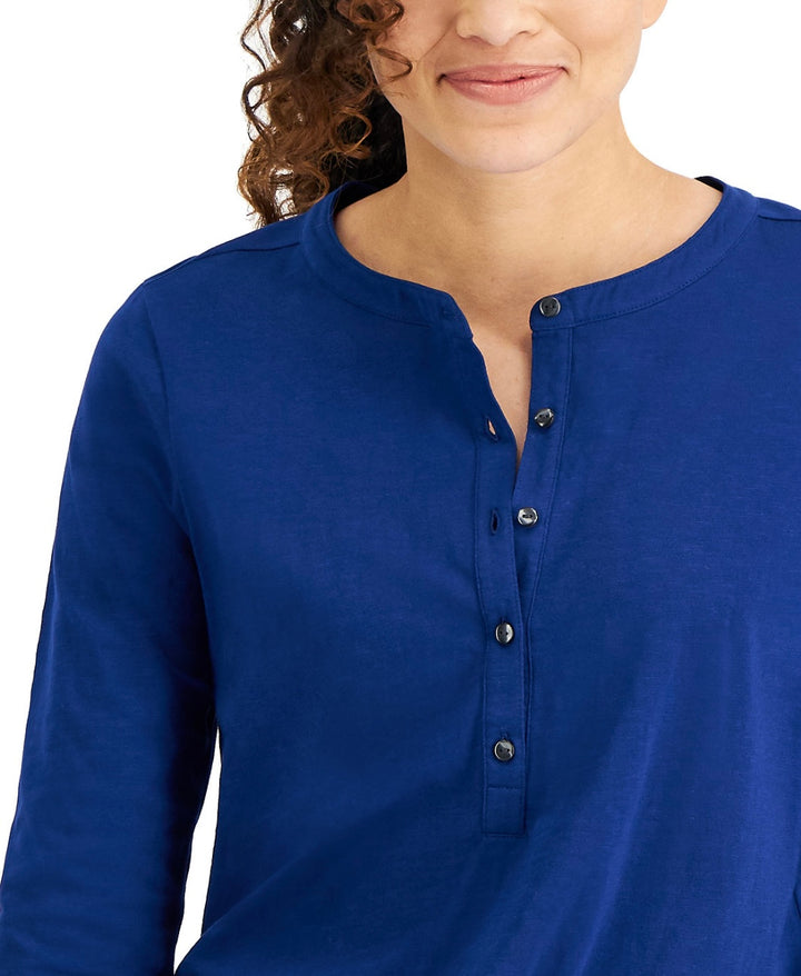 Style & Co. Women's Petite Long Sleeve Crewneck Henley Top Admiral Blue