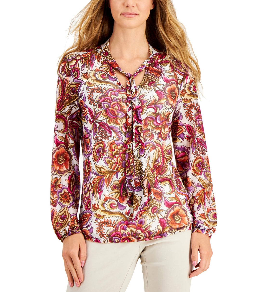 Women's Petite Printed Tie-Neck Top