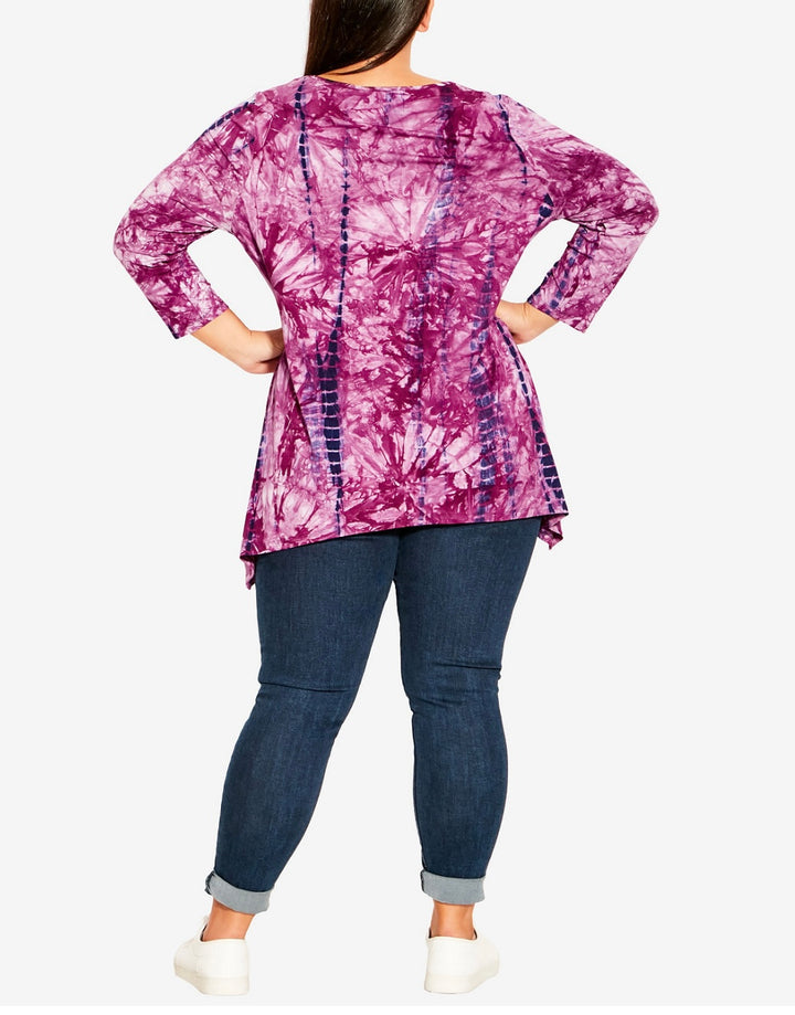 Avenue Women's 3/4 Sleeve Keyhole Tie Dye Top Berry Reflection Plus Size 18