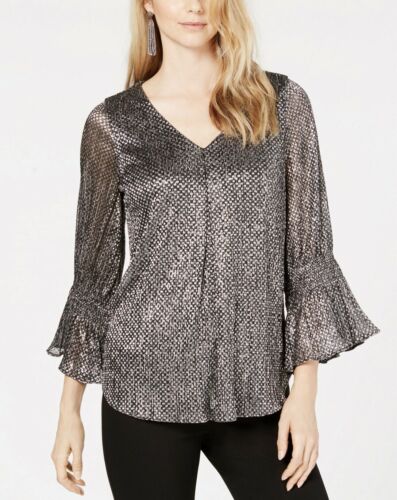 Petites Foil Smocked-Sleeve Top Blouse