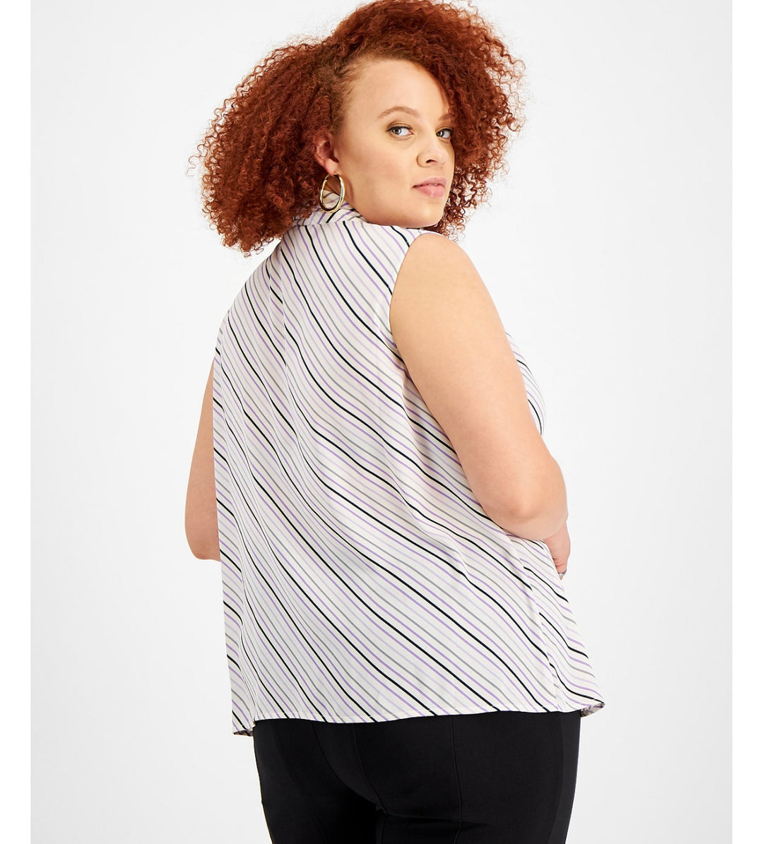Bar III Women's Plus Size Bias Striped Tie-Neck Blouse White Combo