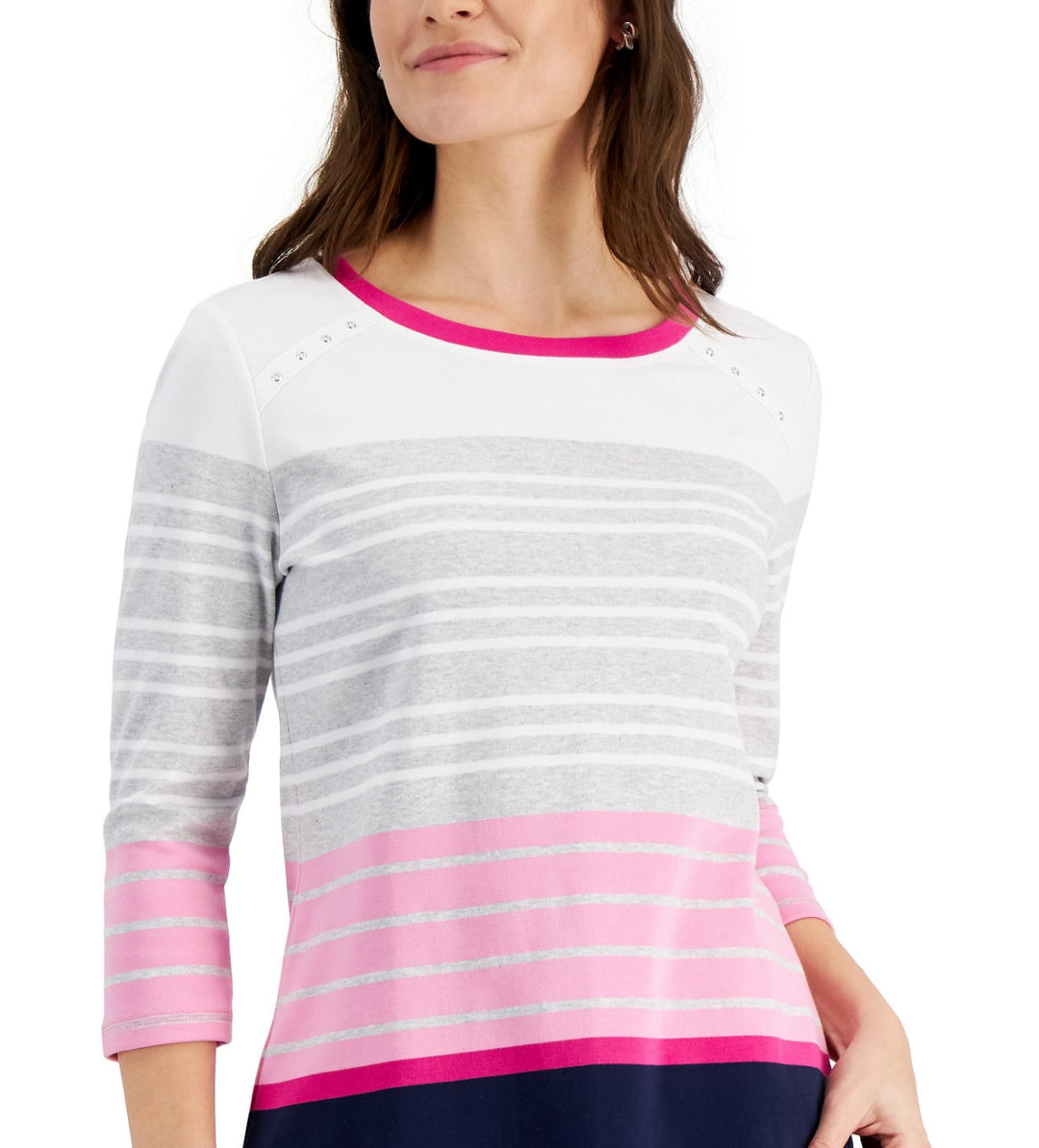 Karen Scott Women's Becca Striped Scoop Neck 3/4 Sleeve Top