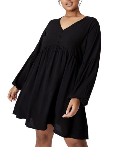 Plus Size Trendy Woven Linda Long Sleeve Mini Dress Black V-Neck