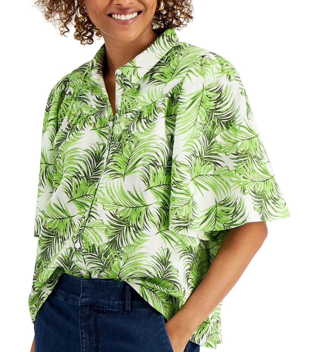 Charter Club Women's Short Sleeve Linen Printed Button-Front Top Size M