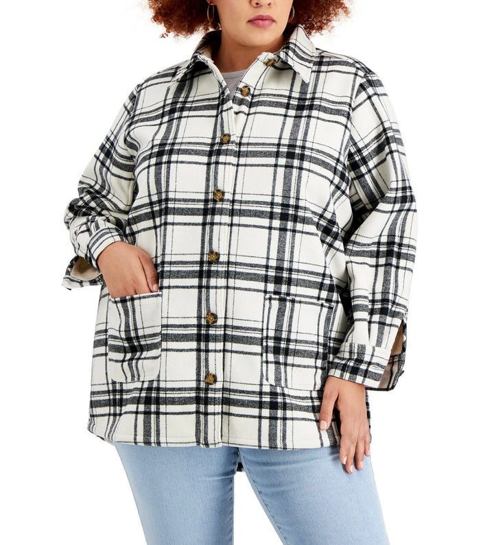 Style & Co. Women's Plaid Shirt Jacket Ivory Black Plaid Plus Size 1X