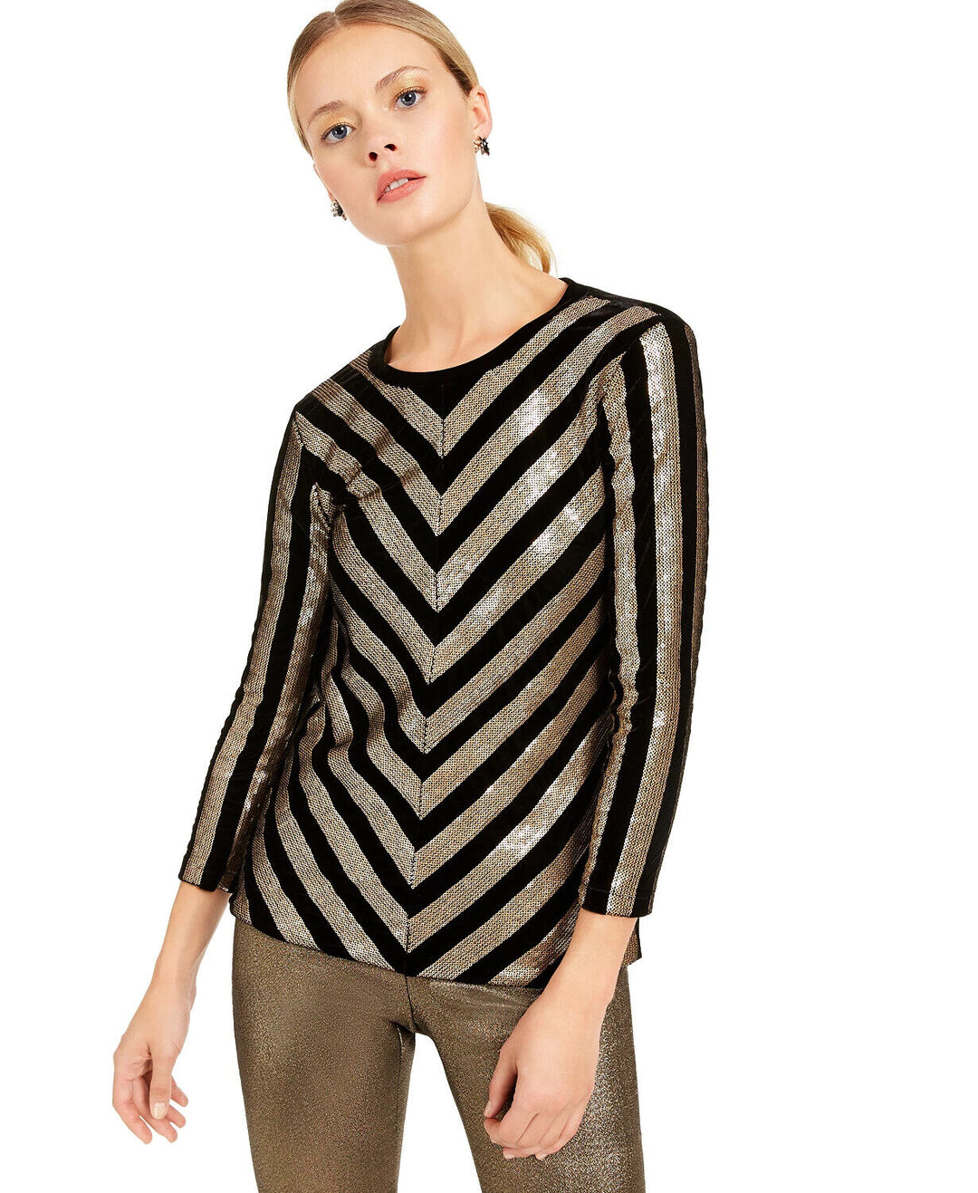 I.n.c. Women's Petite Velvet Sequined Chevron Crew Neck Top Deep Black Size PL