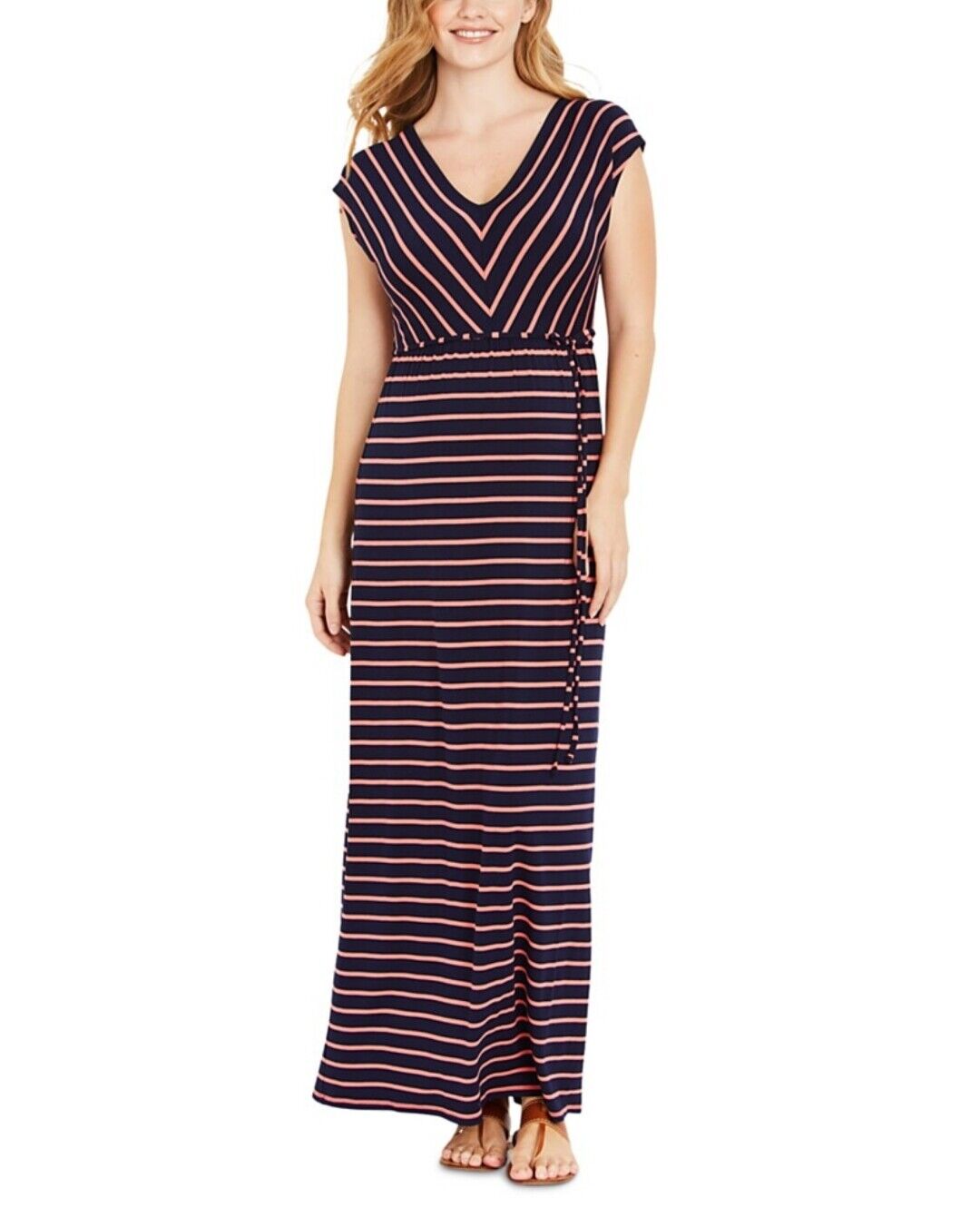Motherhood Maternity Women's Striped Maxi Maternity Dress Navy V-Neck