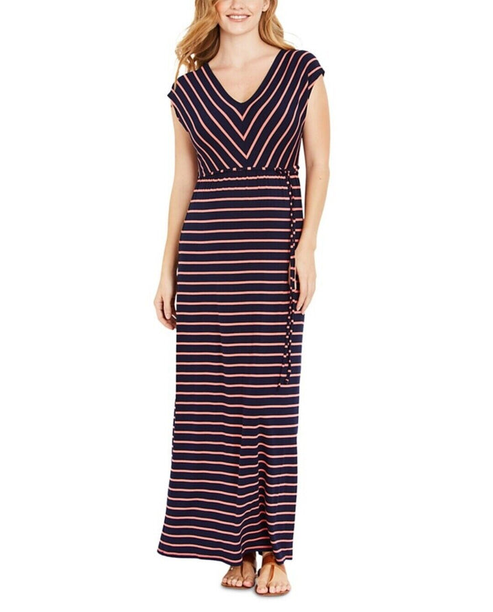 Motherhood Maternity Women's Striped Maxi Maternity Dress Navy V-Neck
