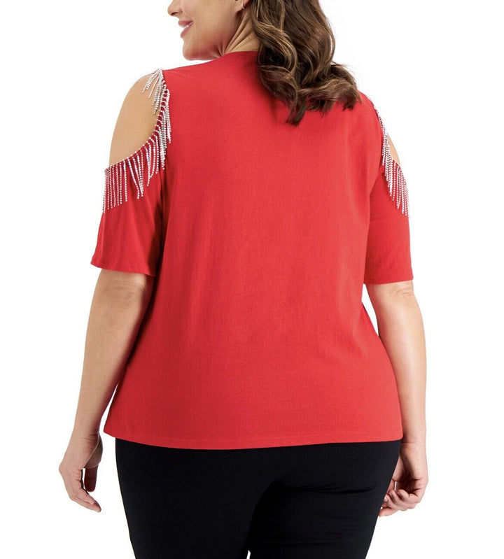 Inc International Concepts Women's Plus Size Rhinestone Fringe Cold-Shoulder Top