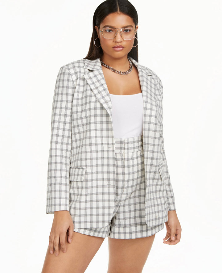 Danielle Bernstein Women's Plus Woven Plaid Boyfriend Blazer Ivory