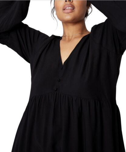Plus Size Trendy Woven Linda Long Sleeve Mini Dress Black V-Neck