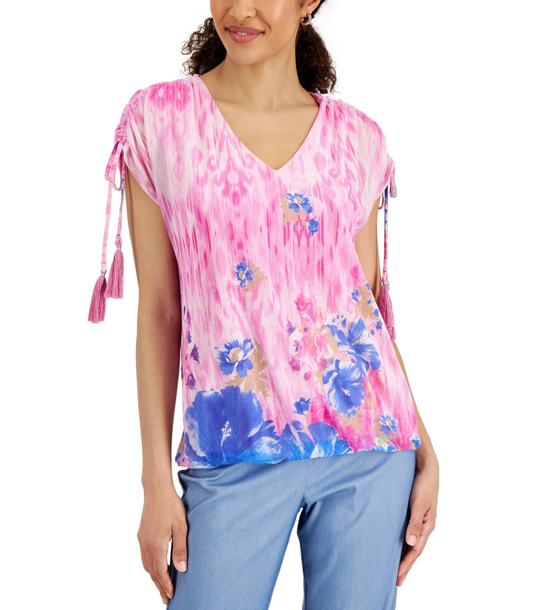 JM Collection Women's V-Neck Short Sleeves Floral-Print Mesh Top Size M