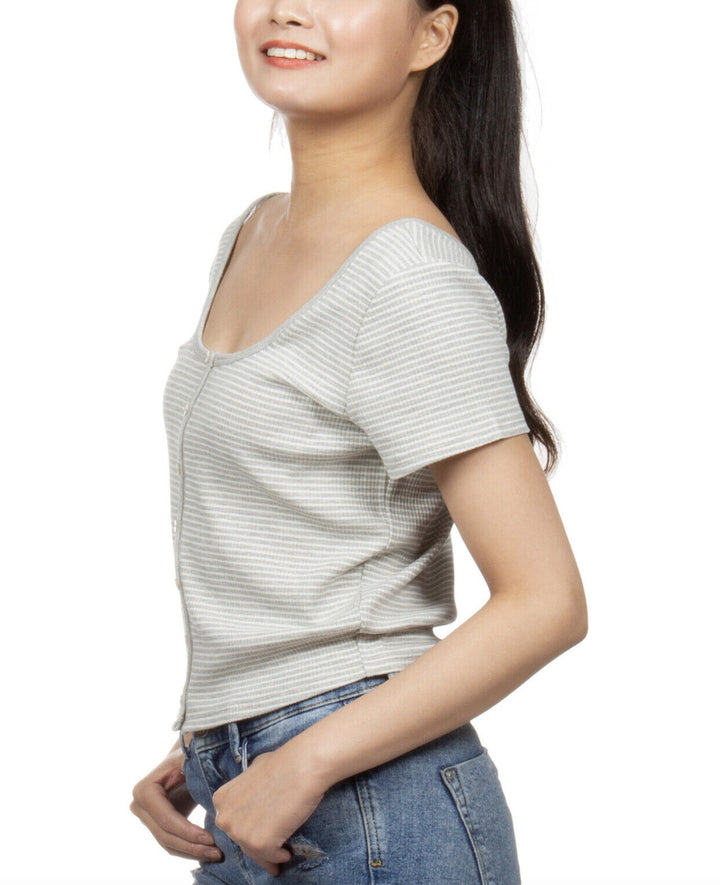 Juniors Ribbed Striped Top Grey Ivory Stripe