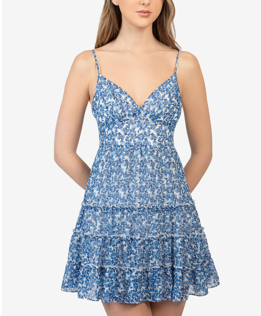 B Darlin Juniors' Floral-Print Tiered Dress Day Blue Size 3/4