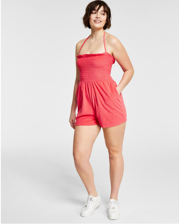 Bar III Women's Pockets Tie-Neck Terry-Cloth Romper Watermelon Punch Size XXS
