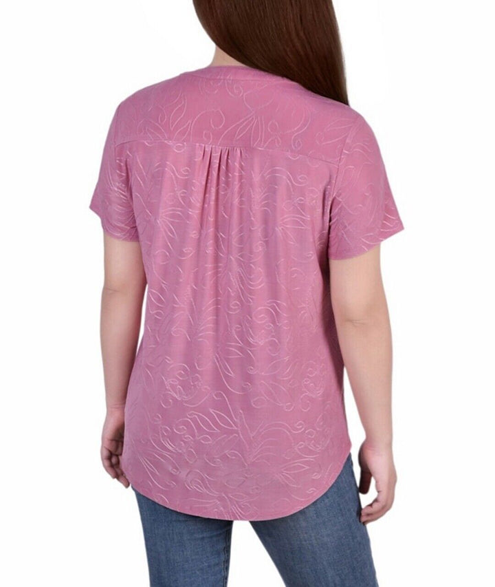 NY COLLECTION Women's Short Sleeve Y-Neck Jacquard Knit Top