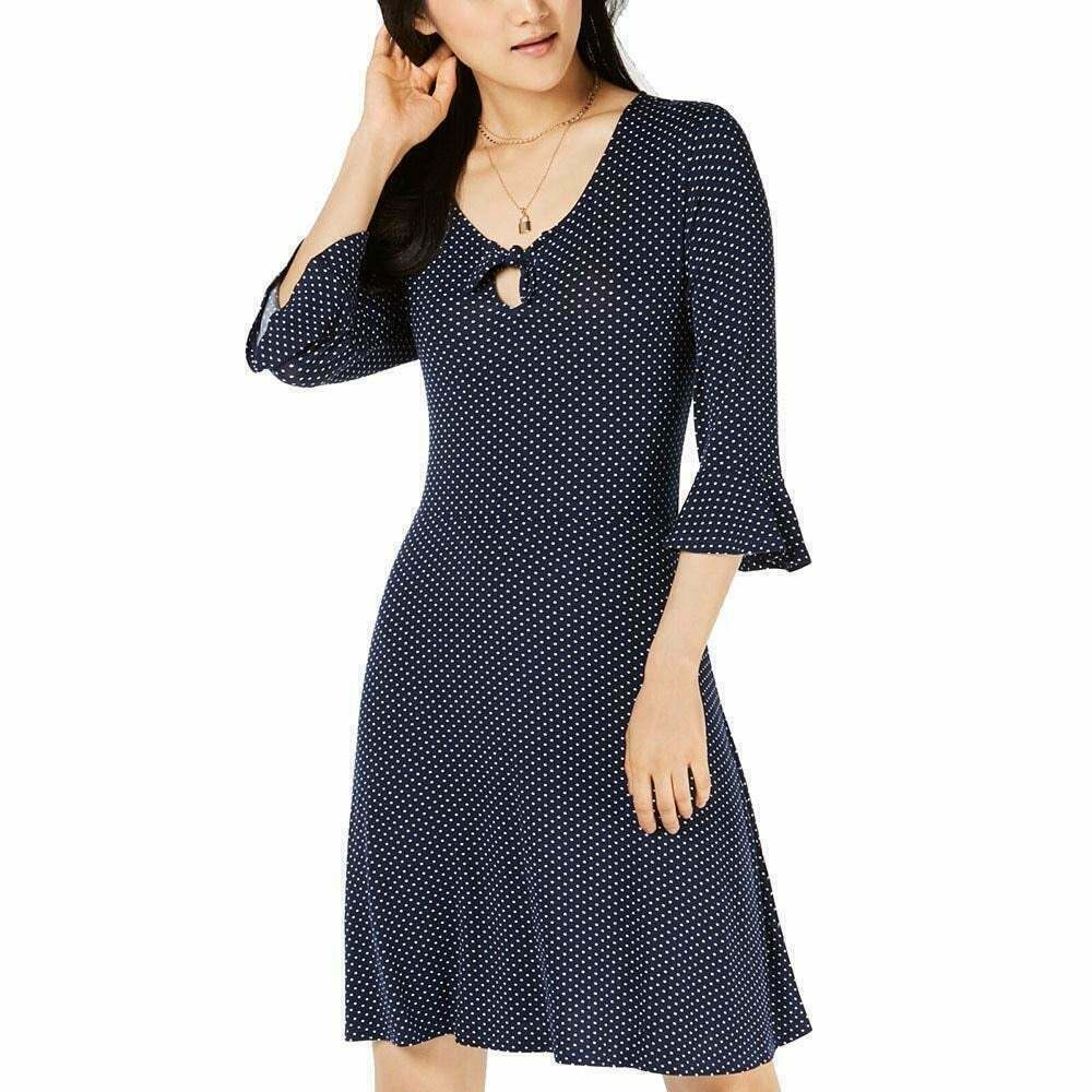 Juniors' Keyhole Printed Bell-Sleeve Dress Micro Dot
