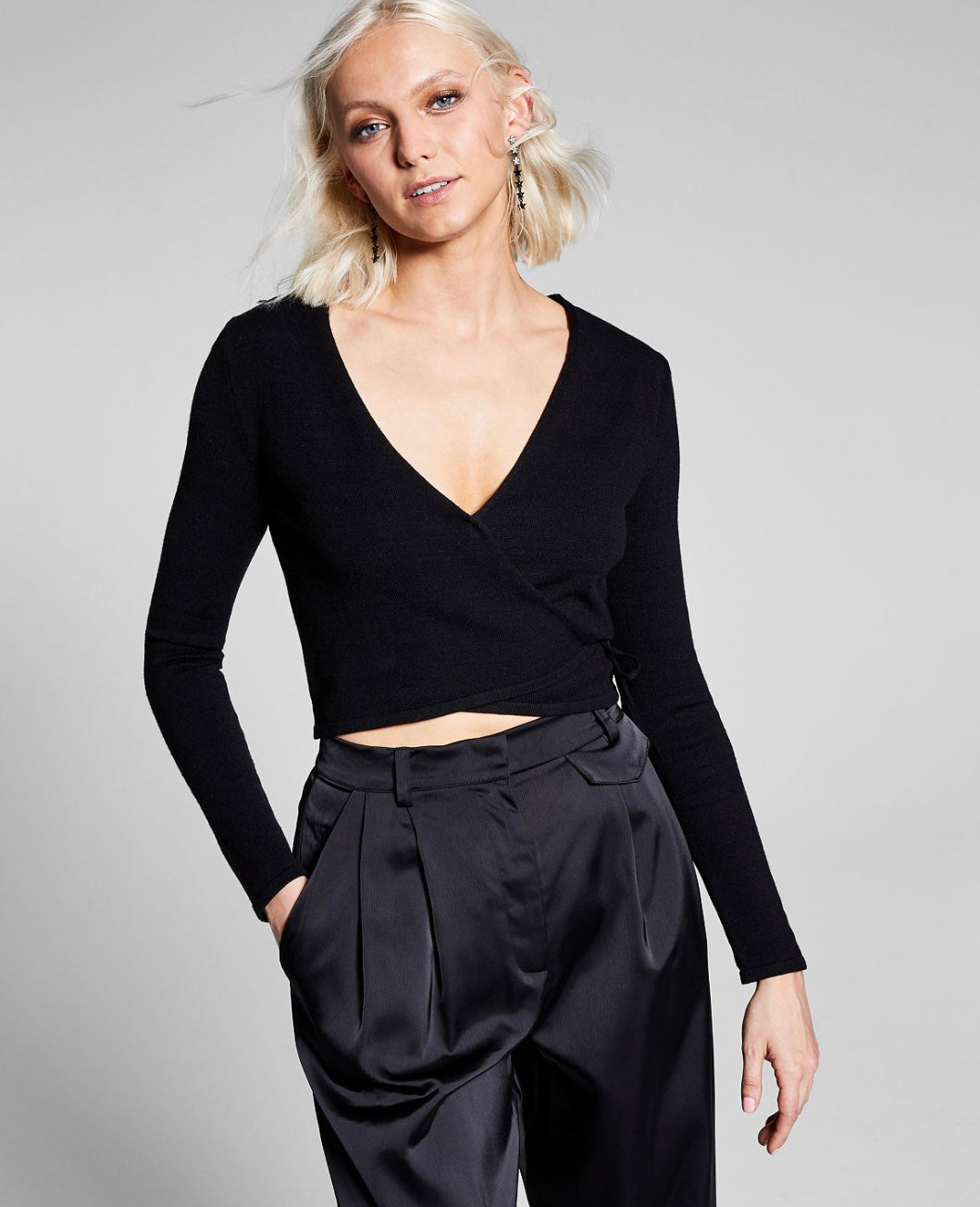 And Now This Women's Long Sleeve Tie-Waist Sweater Black Size L