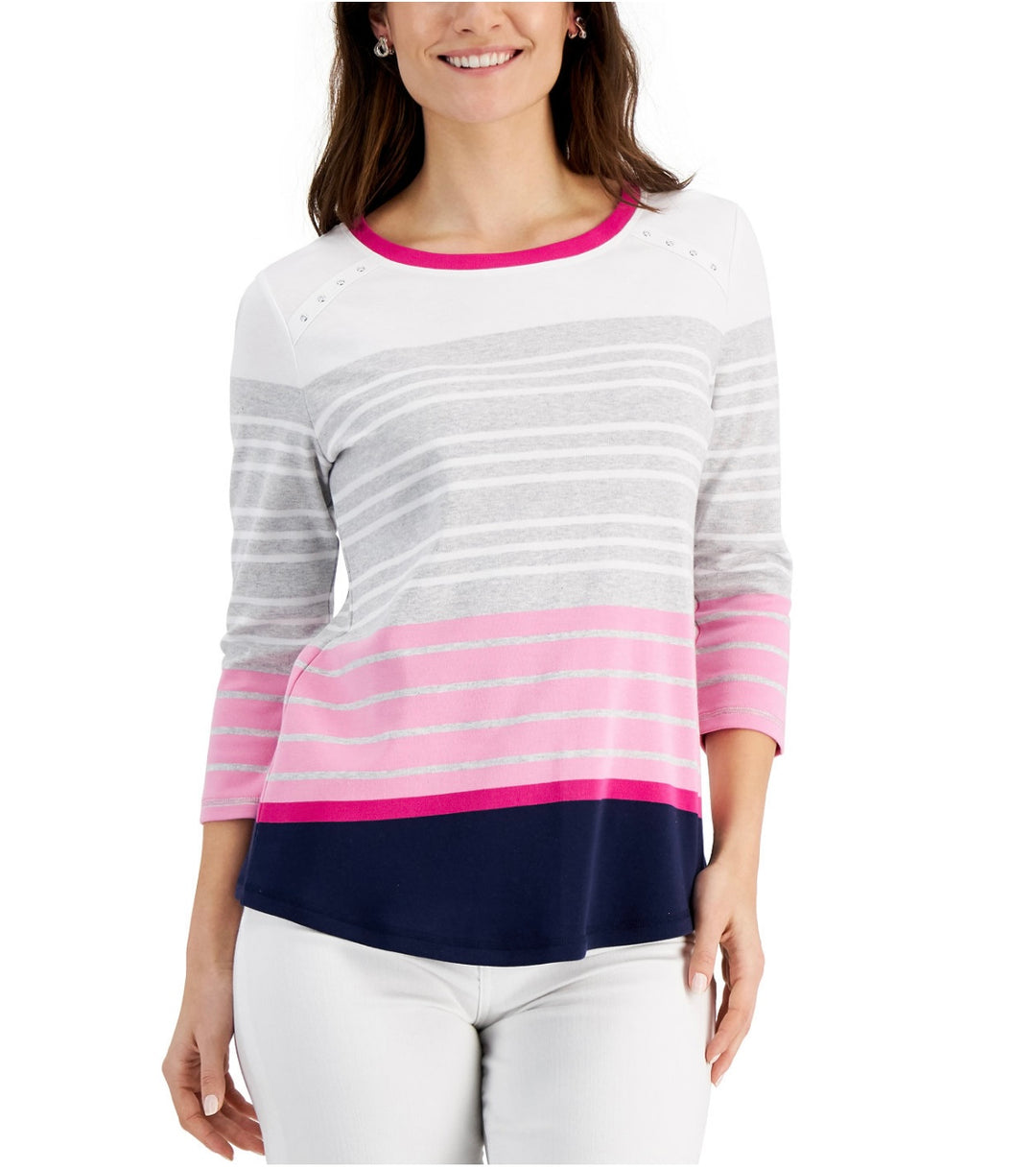 Karen Scott Women's Becca Striped Scoop Neck 3/4 Sleeve Top