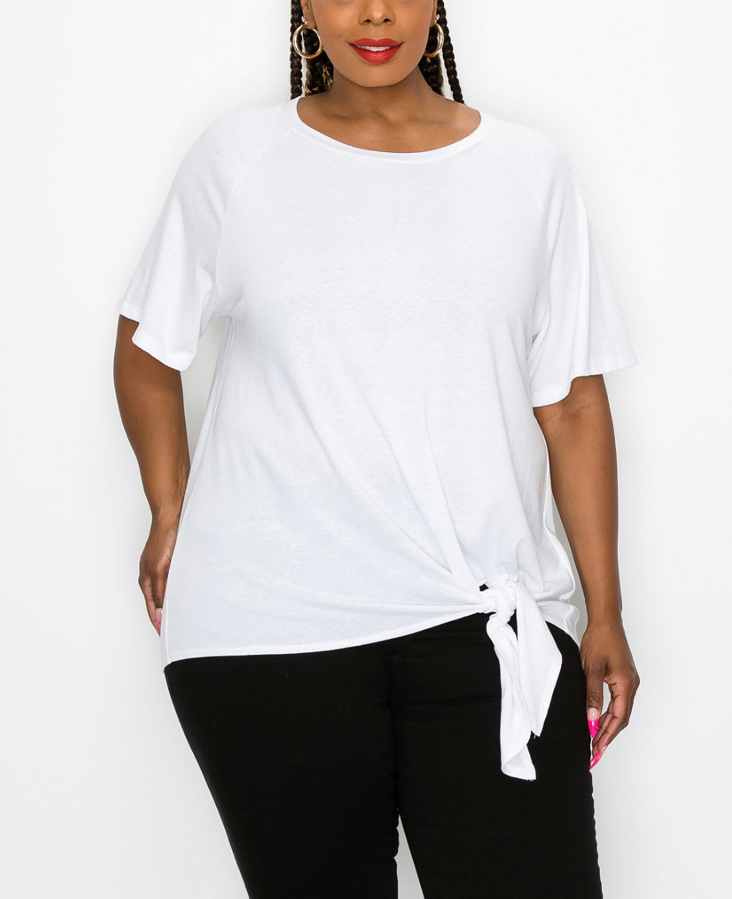 COIN 1804 Women's Short Sleeve Crewneck Side Tie Tee White Plus Size 1X