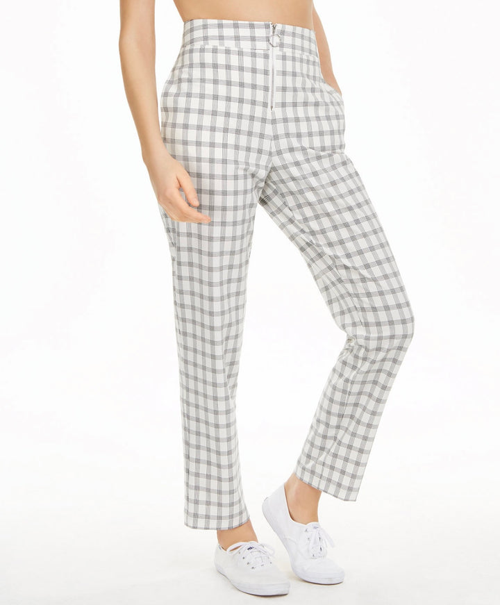 Danielle Bernstein Women's Zip-Up Plaid Dress Pants Ivory Plaid