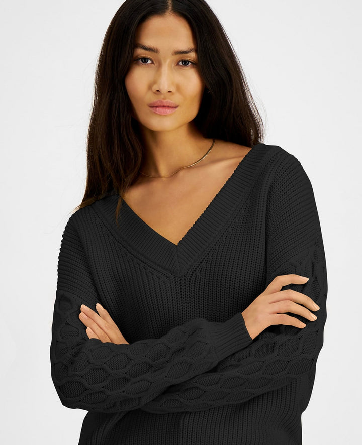 INC International Concepts Women's Honeycomb-Sleeve Sweater Deep Black Size XS