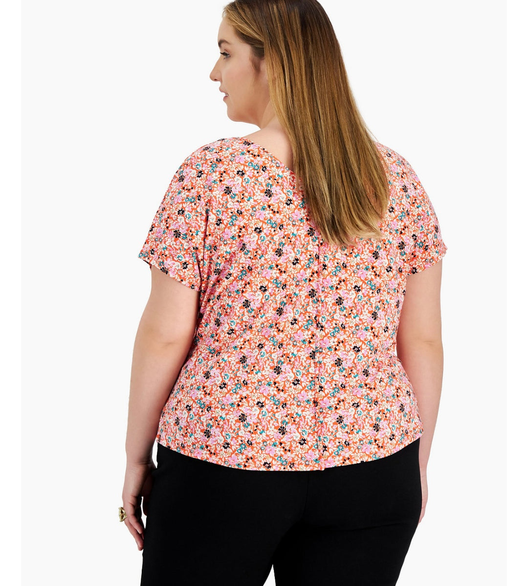 Bar III Women's Short Sleeve Printed V-Neck Top Valencia Combo Plus Size 2X