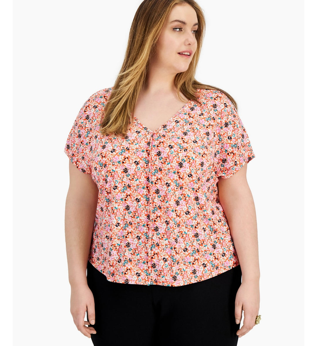 Bar III Women's Short Sleeve Printed V-Neck Top Valencia Combo Plus Size 2X