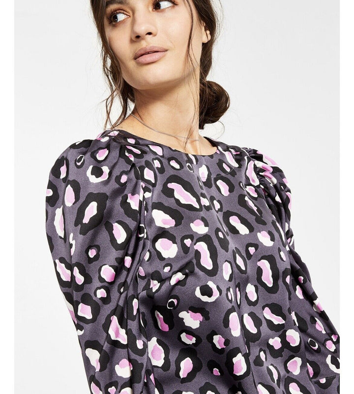 Women's Cheetah-Print 3/4 Puff-Sleeve Top Buttons Scoop Neck