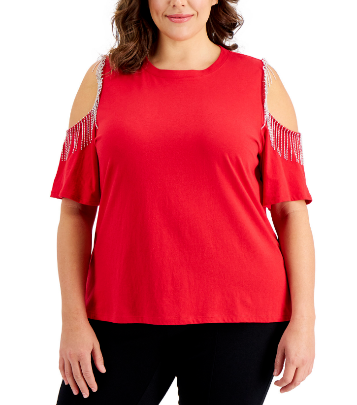 Inc International Concepts Women's Plus Size Rhinestone Fringe Cold-Shoulder Top