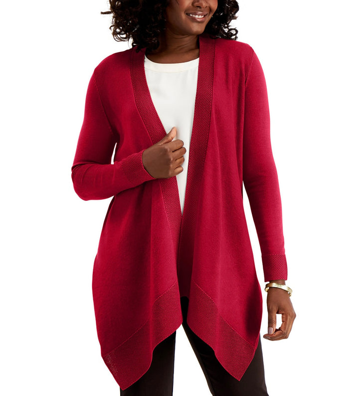 JM Collection Women's Textured Hem Cascade-Front Cardigan Real Red Size S