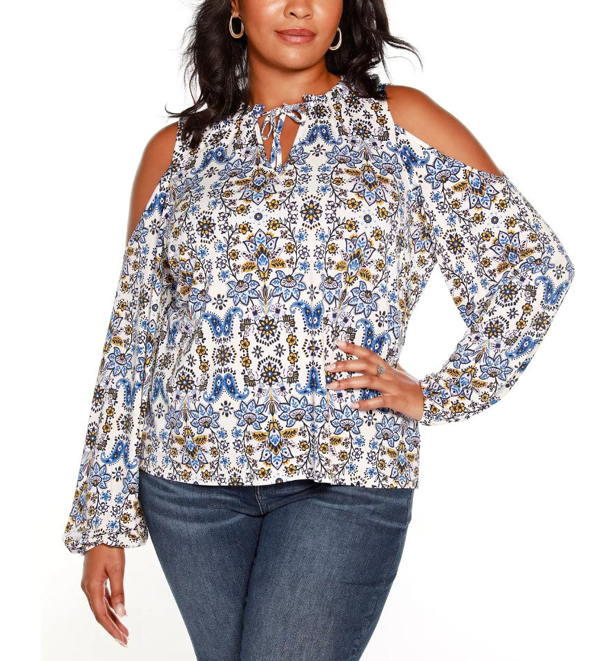 Belldini Women's Printed Blouson Sleeve Cold Shoulder Top Plus Size 3X