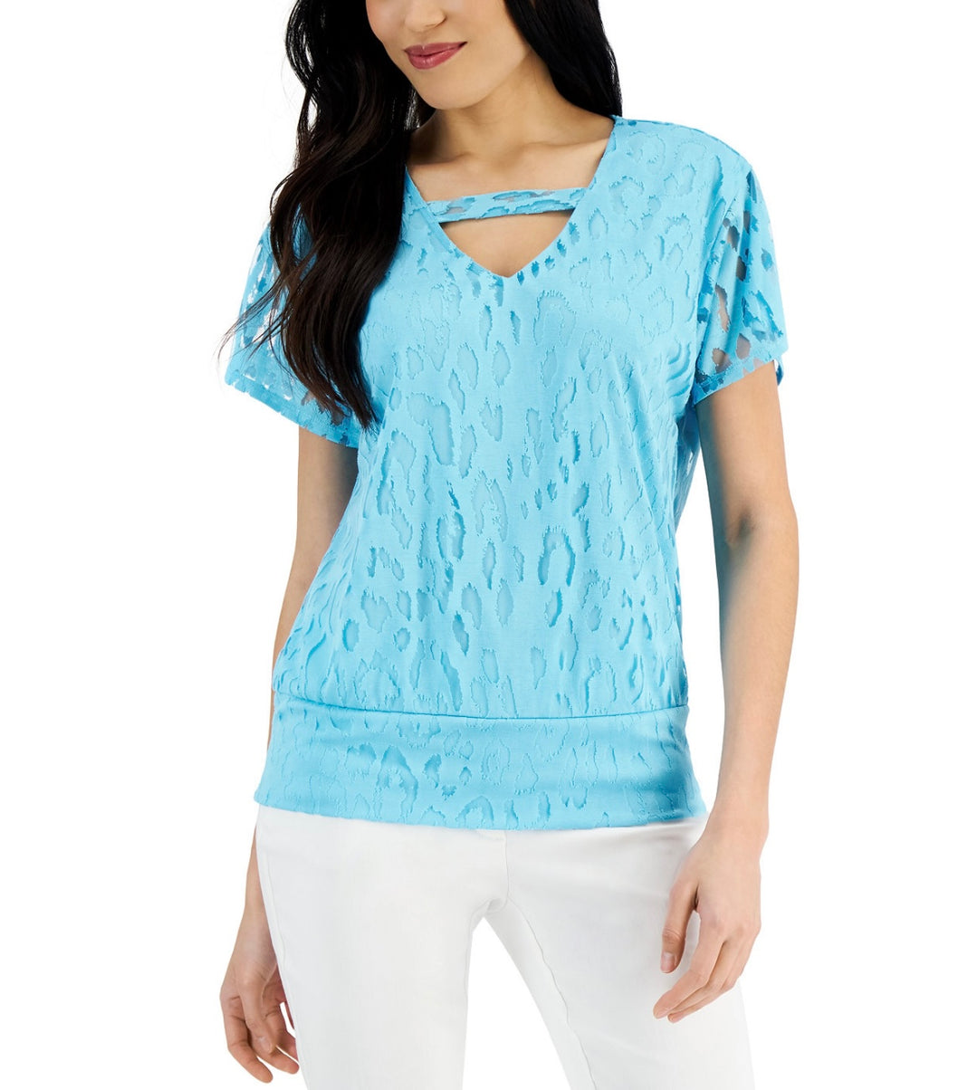 JM Collection Women's Animal-Print Burnout Top Seafoam Blue Size M