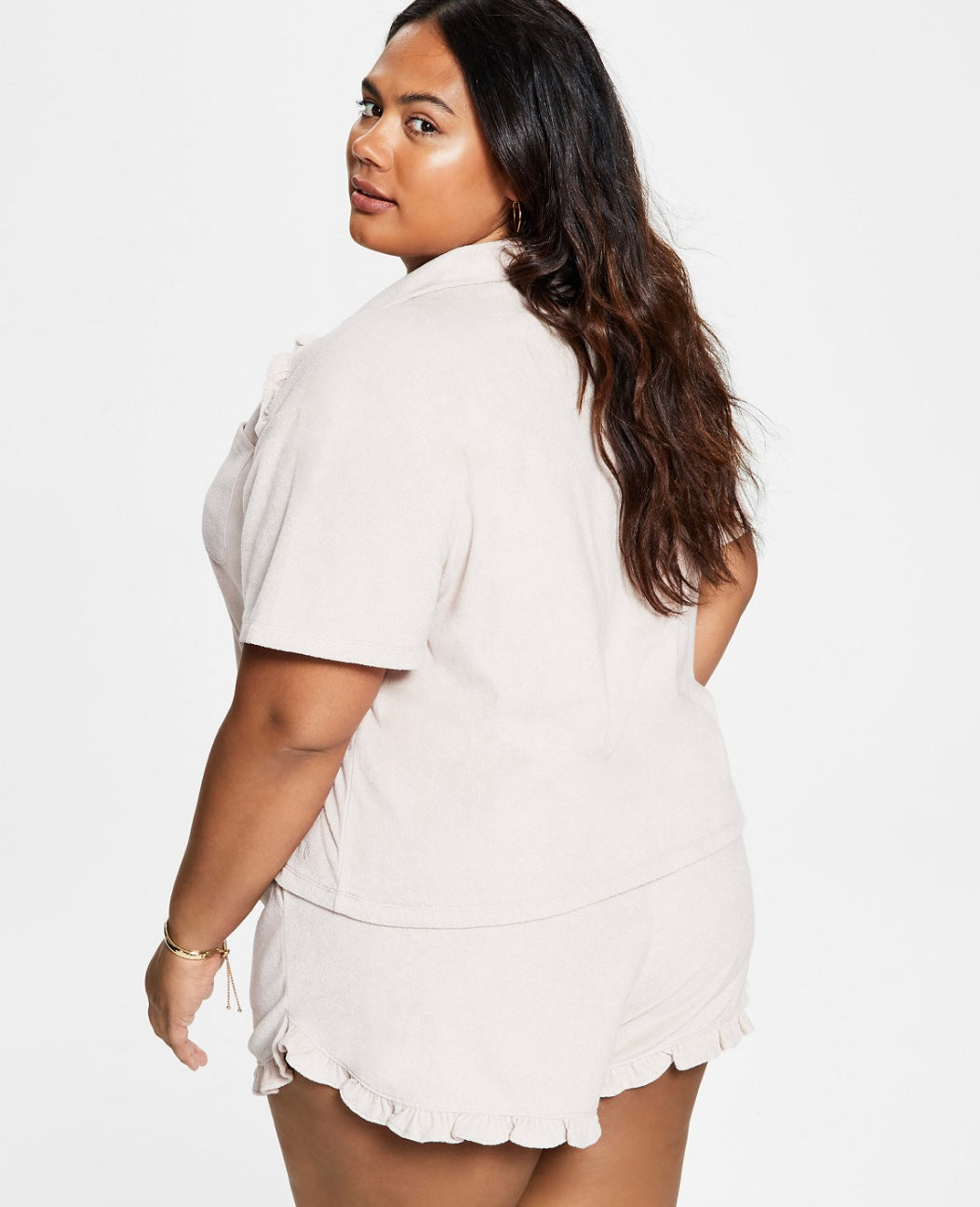 Bar III Women's Plus Size Fold Collar Trendy Short-Sleeve Shirt Naturally Nude