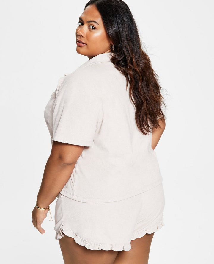 Bar III Women's Plus Size Fold Collar Trendy Short-Sleeve Shirt Naturally Nude