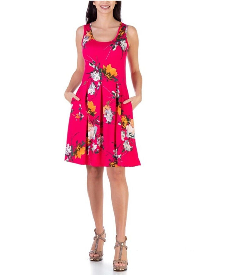 Women's Floral Sleeveless Pleated Knee Length Pocket