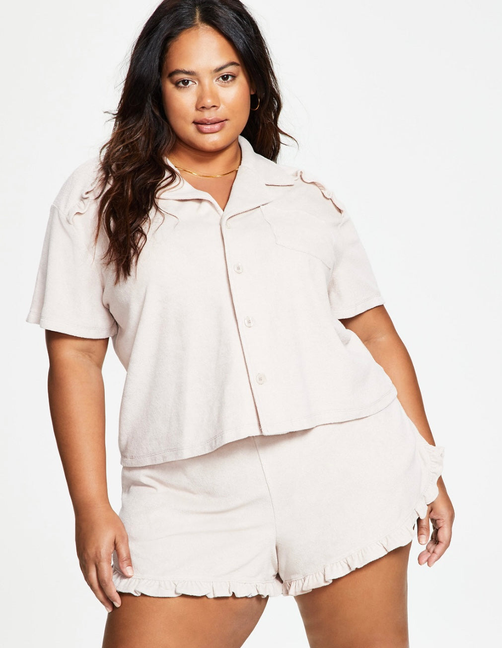 Bar III Women's Plus Size Fold Collar Trendy Short-Sleeve Shirt Naturally Nude