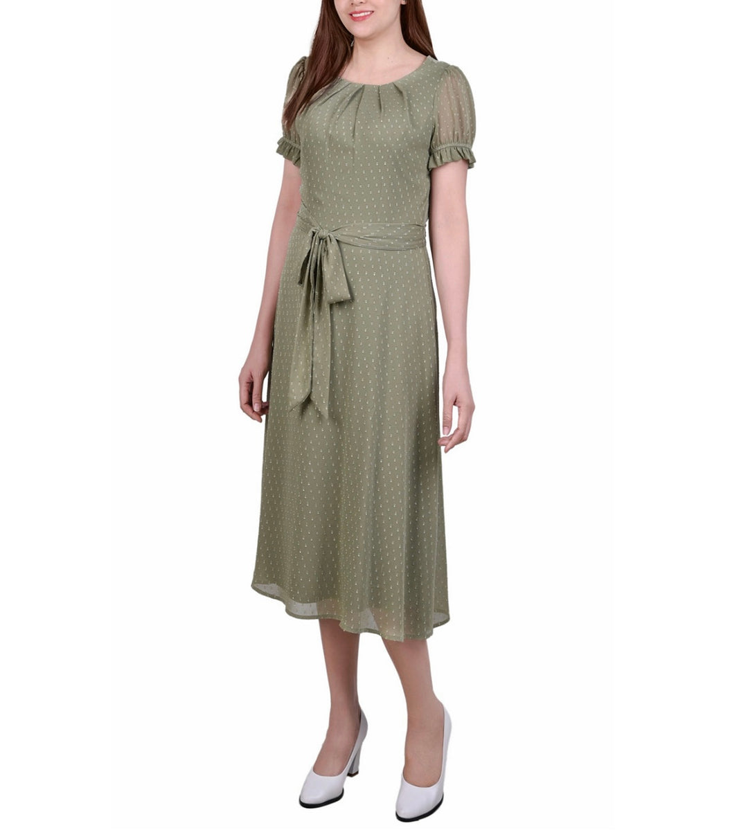 NY Collection Women's Short Sleeve Belted Swiss Dot Dress Petite Size PXL
