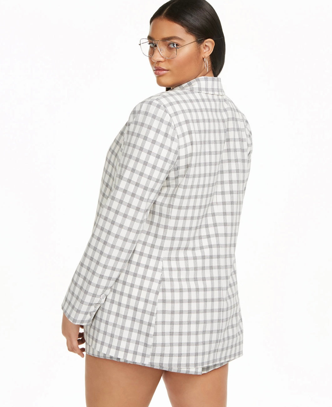 Danielle Bernstein Women's Plus Woven Plaid Boyfriend Blazer Ivory