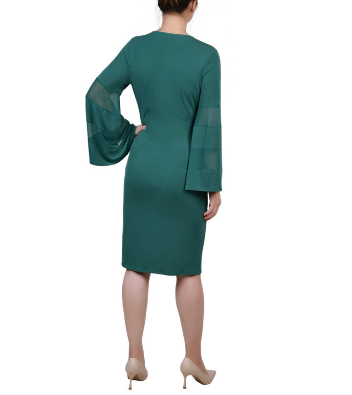 NY Collection Women's Petite Bell Sheer-Sleeve Wrap Dress Emerald Size PM