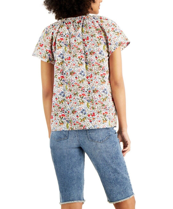 Women's Petite Printed Split-Neck Cotton Top Floral